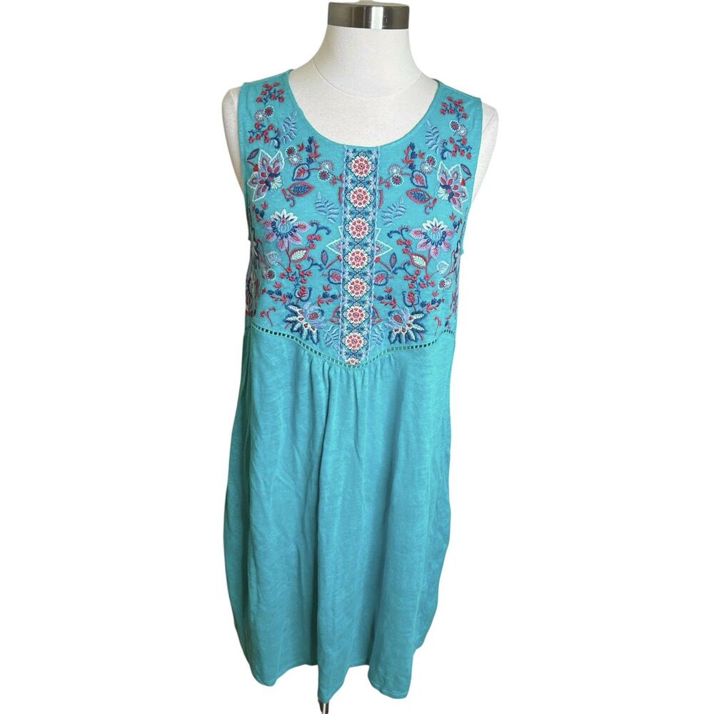 Sundance Shift Dress Blue 100% Linen Floral Embroidery Womens Small